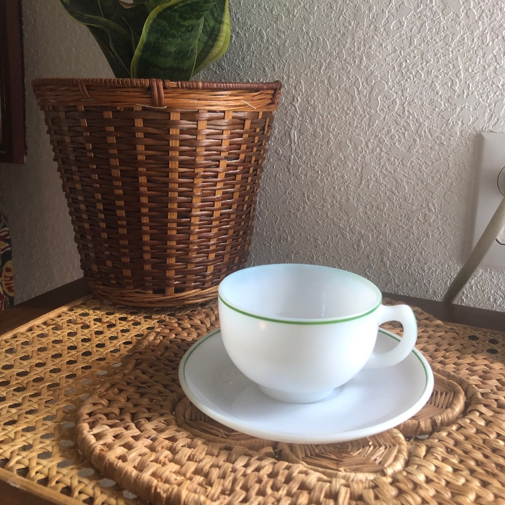 Vintage Hazel Atlas Moderntone Platonite White With Green Stripe Cup